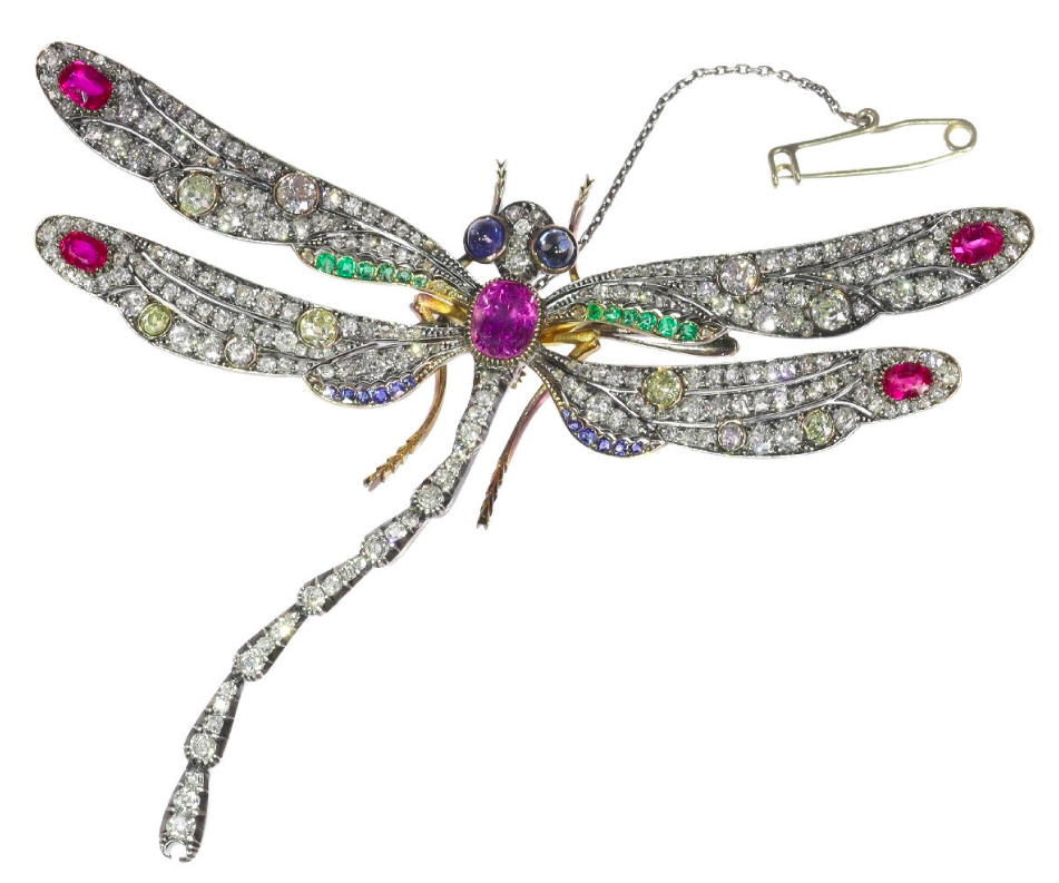 Wichtige Informationen vor dem Schmuck oder Juwelenkauf; Jugendstil-Libellenbrosche mit Diamanten, Smaragden, Saphiren und Rubinen